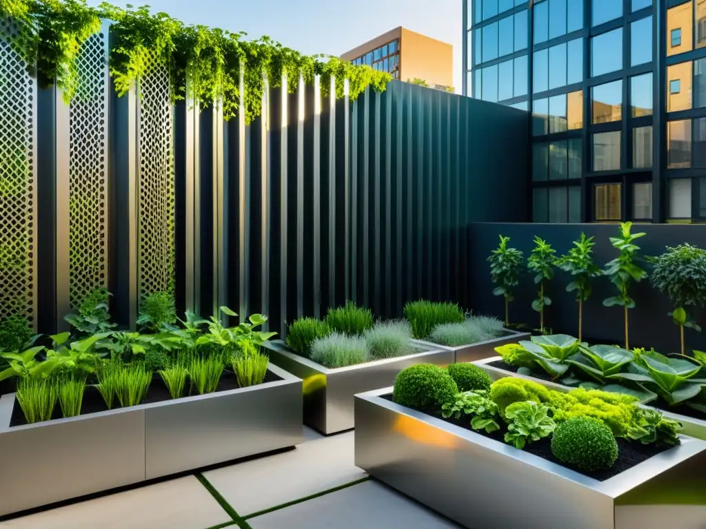 Un vibrante huerto urbano innovador en una ciudad moderna, con plantas exuberantes en patrones geométricos