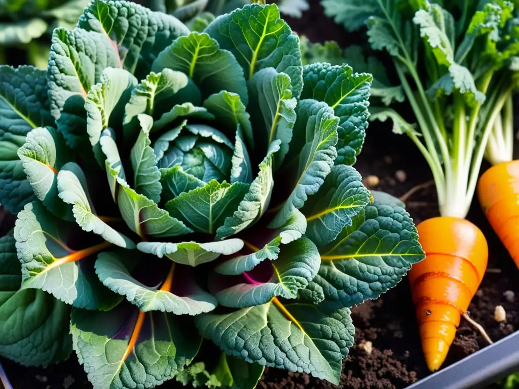 Vibrante huerto urbano de invierno: kale, zanahorias y remolachas