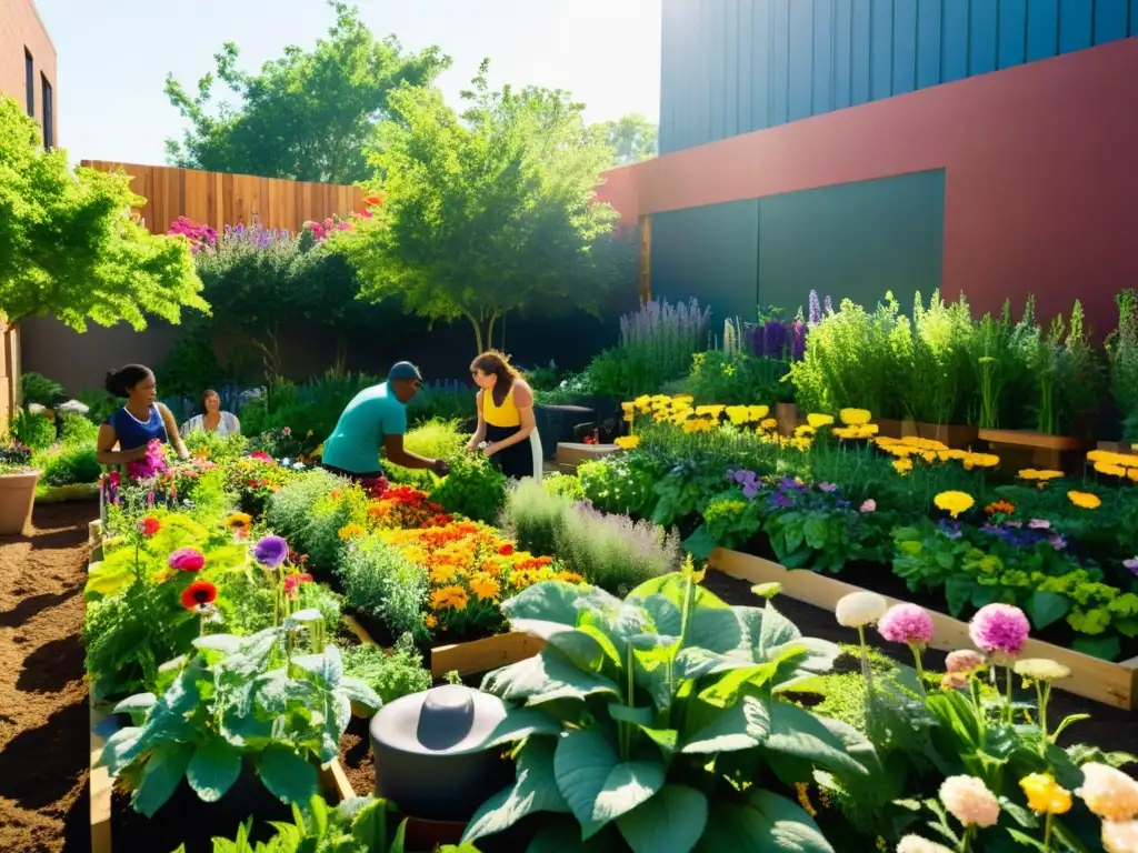 Un vibrante huerto urbano lleno de flores coloridas, plantas verdes y personas disfrutando de actividades de jardinería