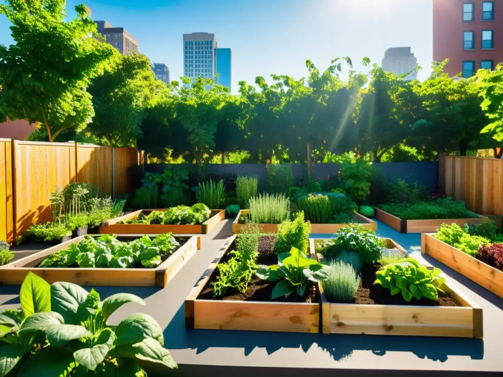 Un vibrante huerto urbano en medio de la bulliciosa ciudad, muestra una variedad de frutas, verduras y hierbas