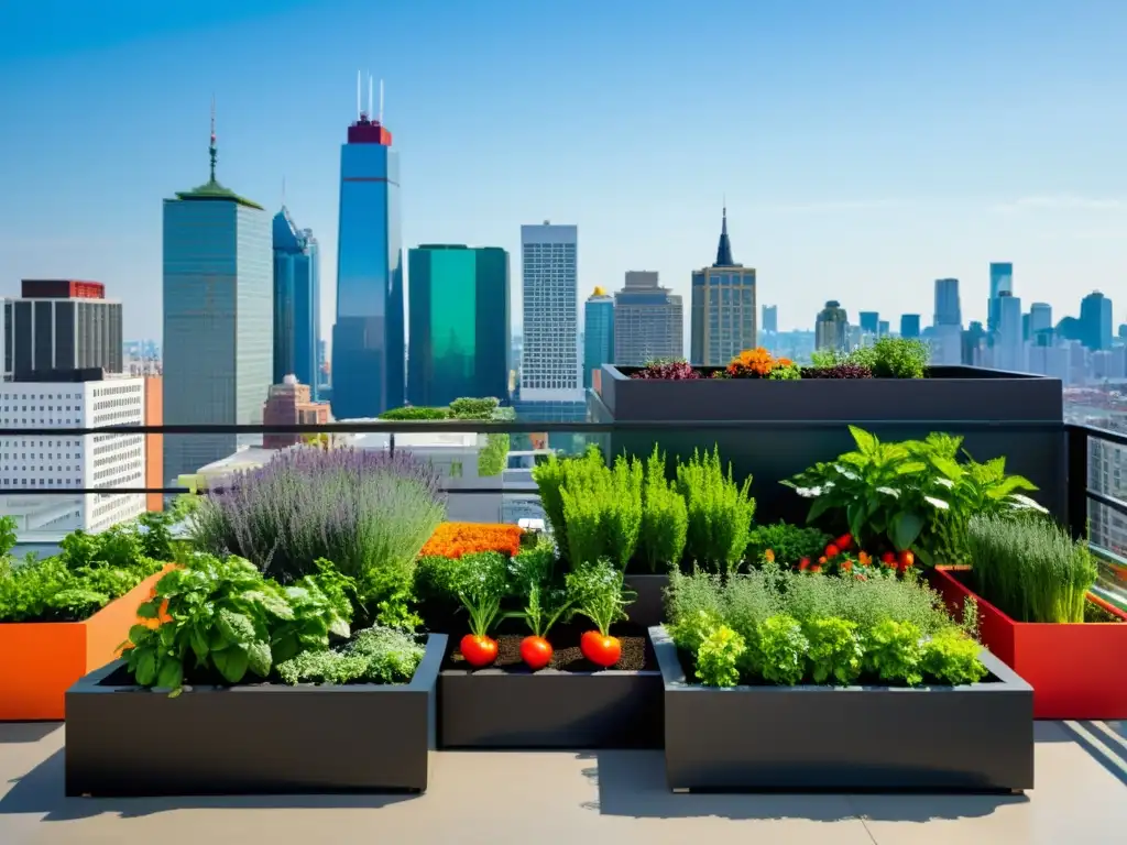 Vibrante huerto urbano en los mejores estructuras huertos techos, con plantas prósperas y coloridas contra el skyline de la ciudad