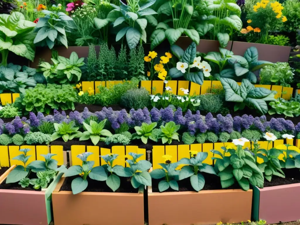 Vibrante huerto urbano mixto con polinización óptima, flores coloridas y verduras en camas elevadas, y abejas y mariposas polinizando