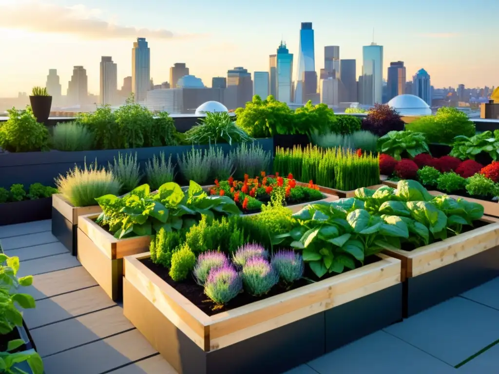 Un vibrante huerto urbano con plantas ordenadas en macetas elevadas