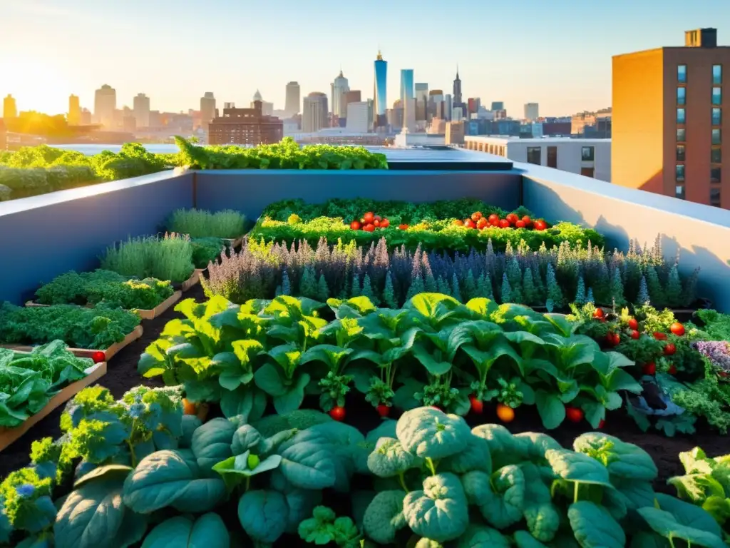 Un vibrante huerto urbano rebosante de nutrientes esenciales y vitalidad, bajo el cálido sol de la tarde, junto al paisaje urbano moderno