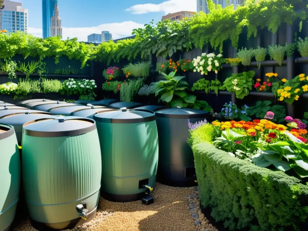 Un vibrante huerto urbano con redes de cosecha de agua lluvia, nutriendo a exuberantes plantas y flores