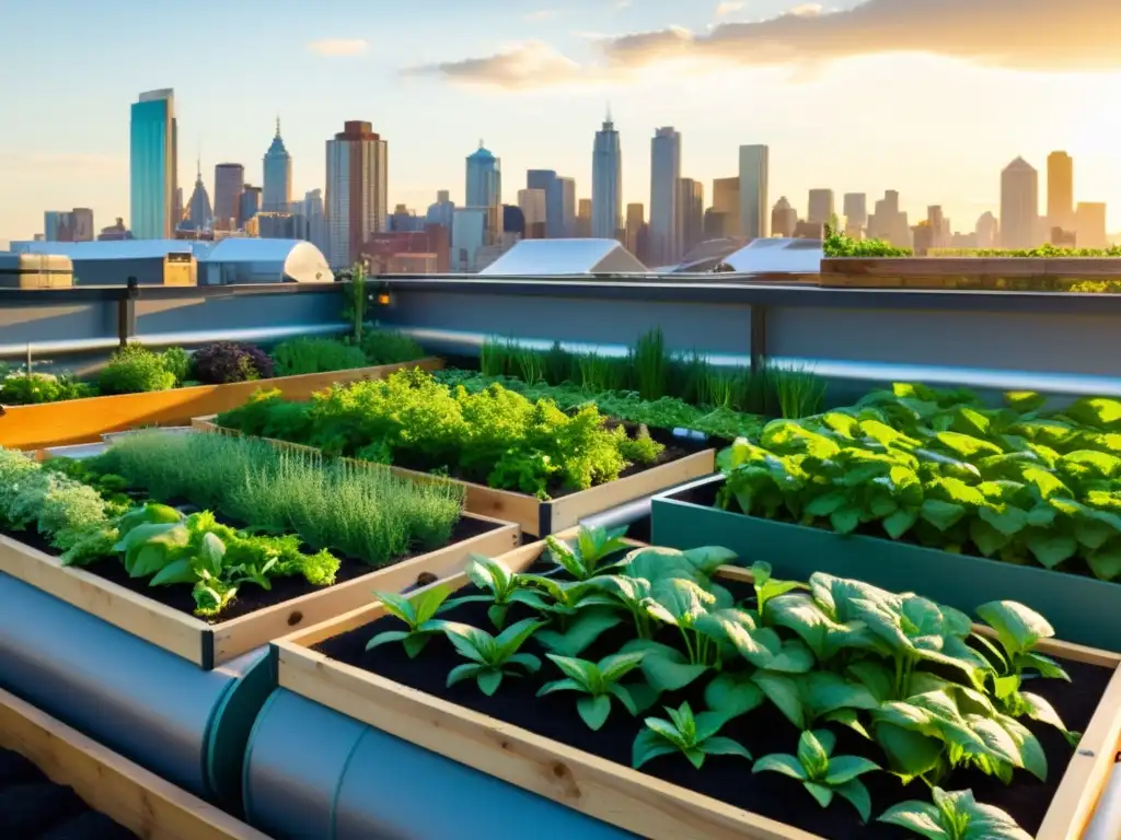 Vibrante huerto urbano con sistema acuapónico, semillas orgánicas y skyline, muestra la importancia de la agricultura urbana sostenible