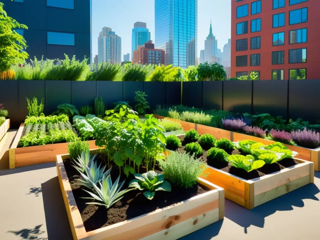 Vibrante huerto urbano sostenible en la ciudad, con variedad de vegetales y hierbas