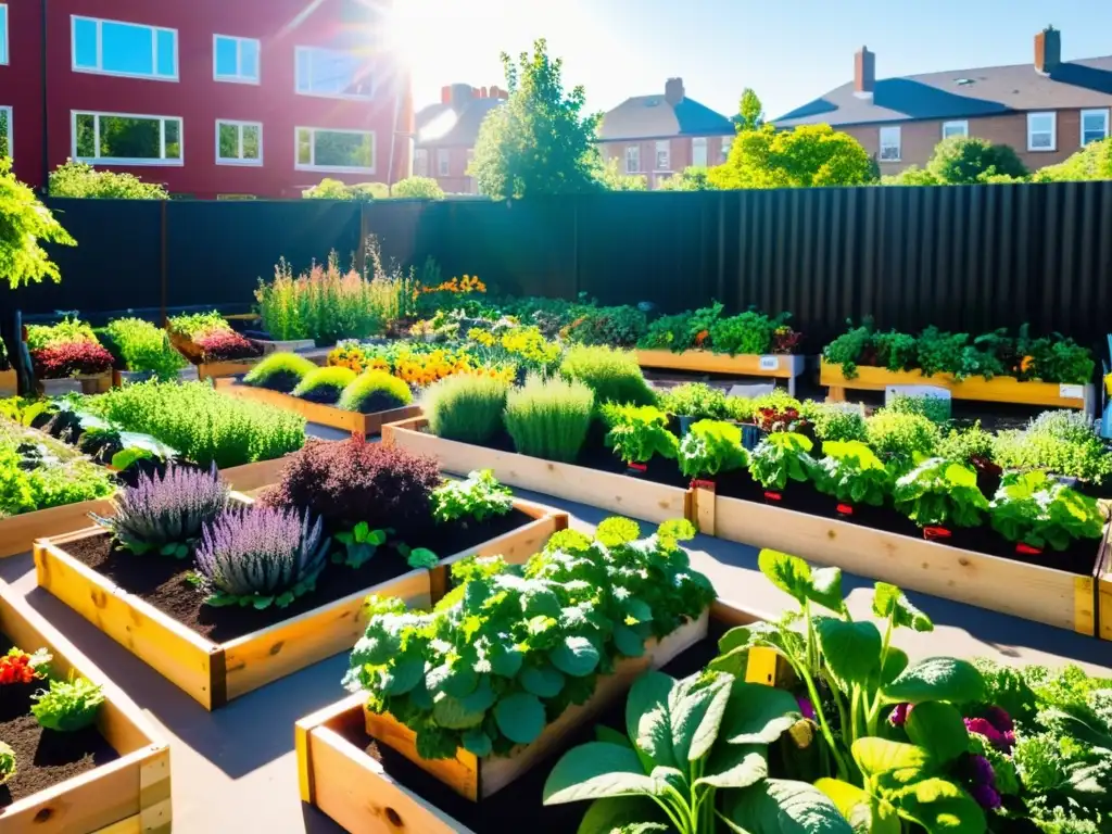 Un vibrante huerto urbano sostenible alimenta comunidades con diversidad de plantas, gente colaborativa y vitalidad urbana