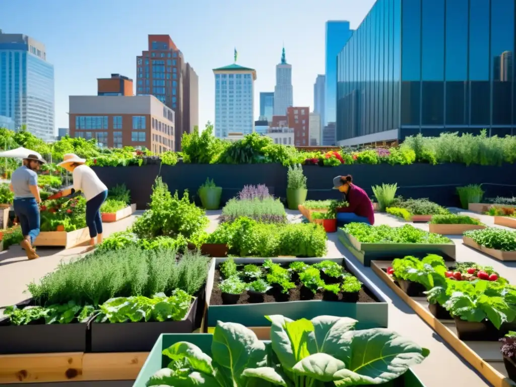 Un vibrante huerto urbano sostenible alimenta comunidades en la azotea de la ciudad, donde personas de todas las edades y orígenes trabajan juntas entre frutas, verduras y hierbas, rodeados de edificios altos