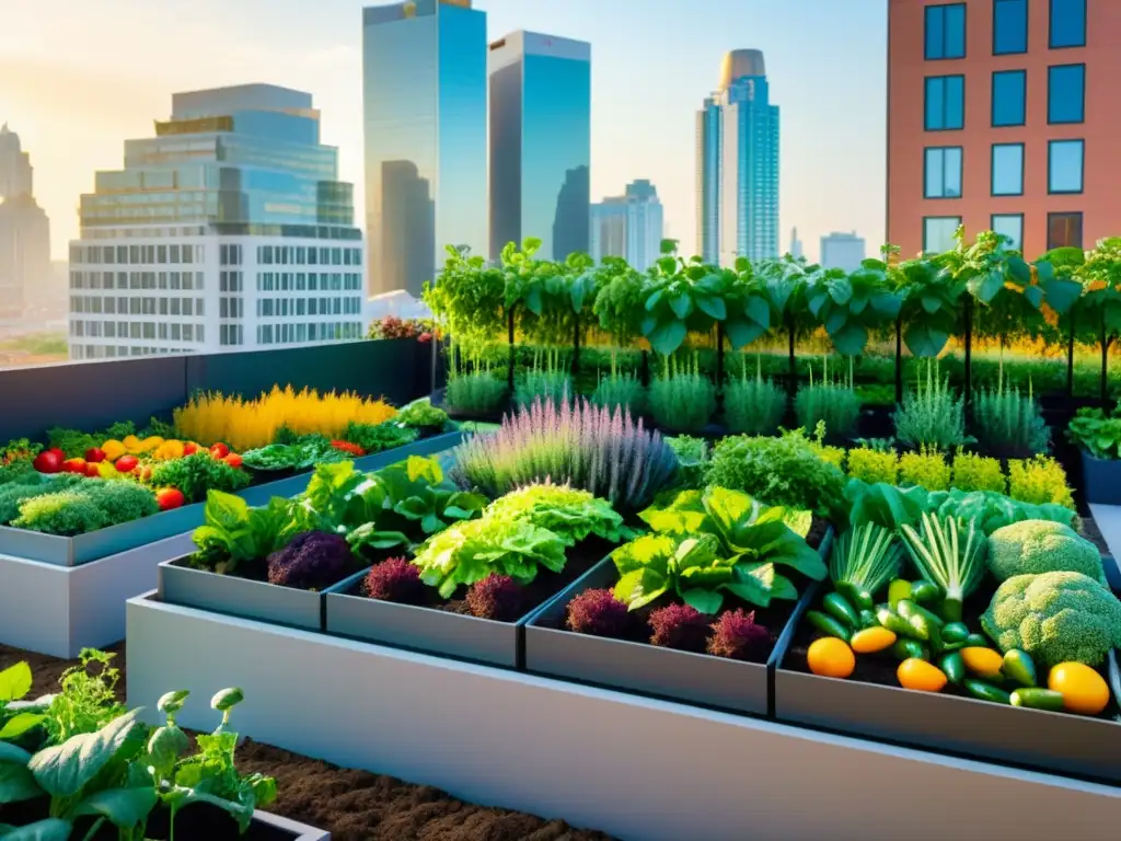 Vibrante huerto urbano con variedad de vegetales y hierbas en camas elevadas