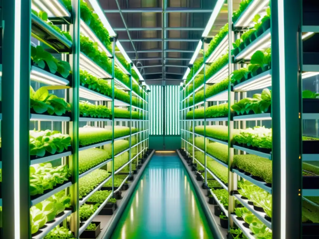 Vibrante huerto vertical con agricultura de precisión, luz LED y plantas exuberantes en un ambiente moderno y futurista