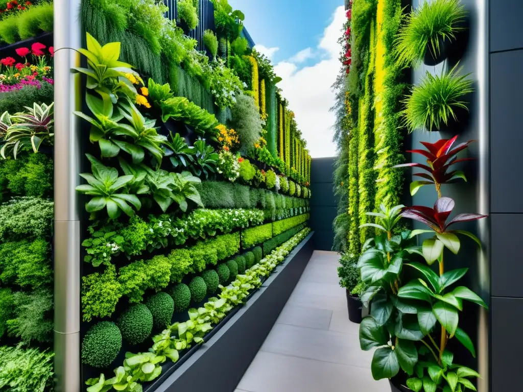 Vibrante huerto vertical para agricultura urbana en entorno urbano, fusionando naturaleza y modernidad con plantas exuberantes y flores coloridas