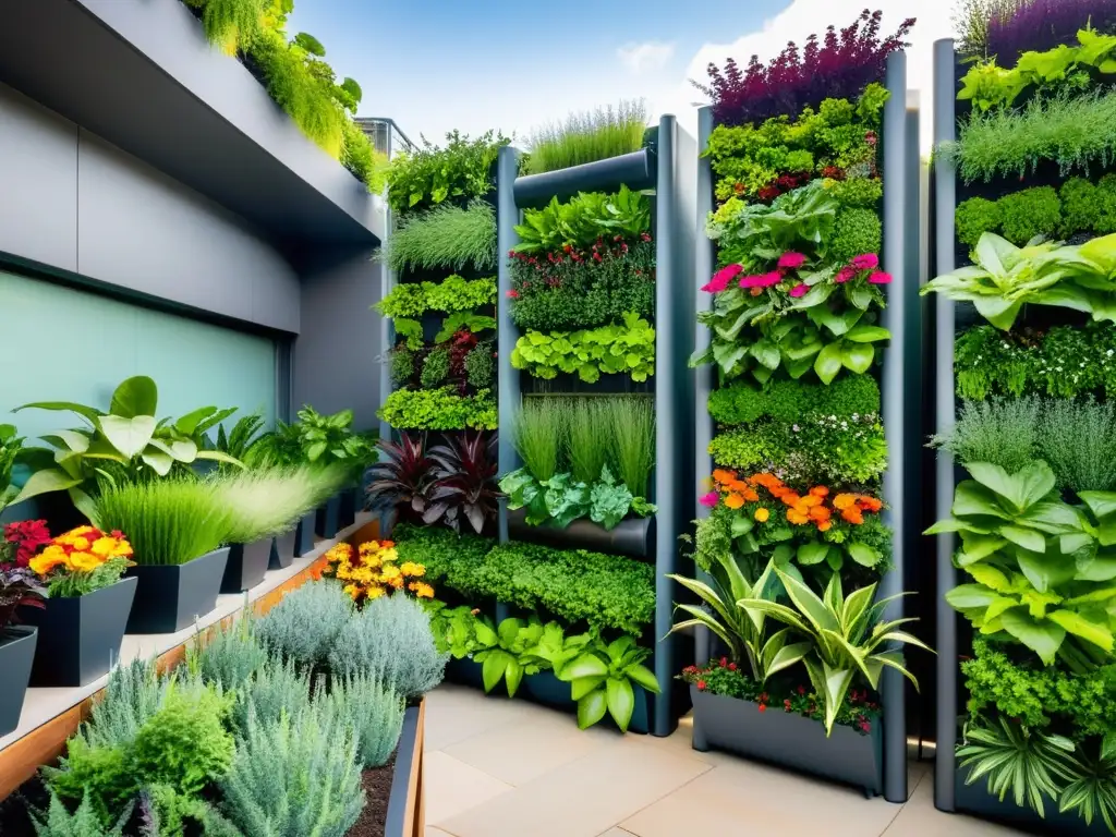 Vibrante huerto vertical para agricultura urbana, armonizando la naturaleza con la vida urbana moderna