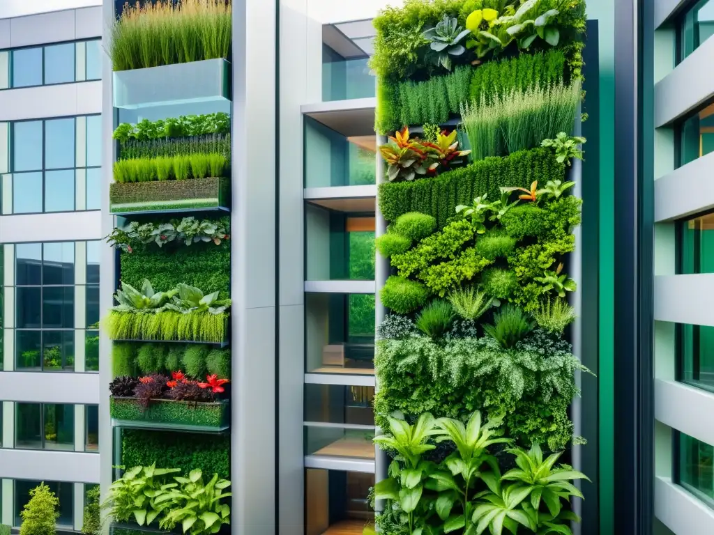 Vibrante huerto vertical en la ciudad con verduras y plantas exuberantes, contrastando con la arquitectura moderna