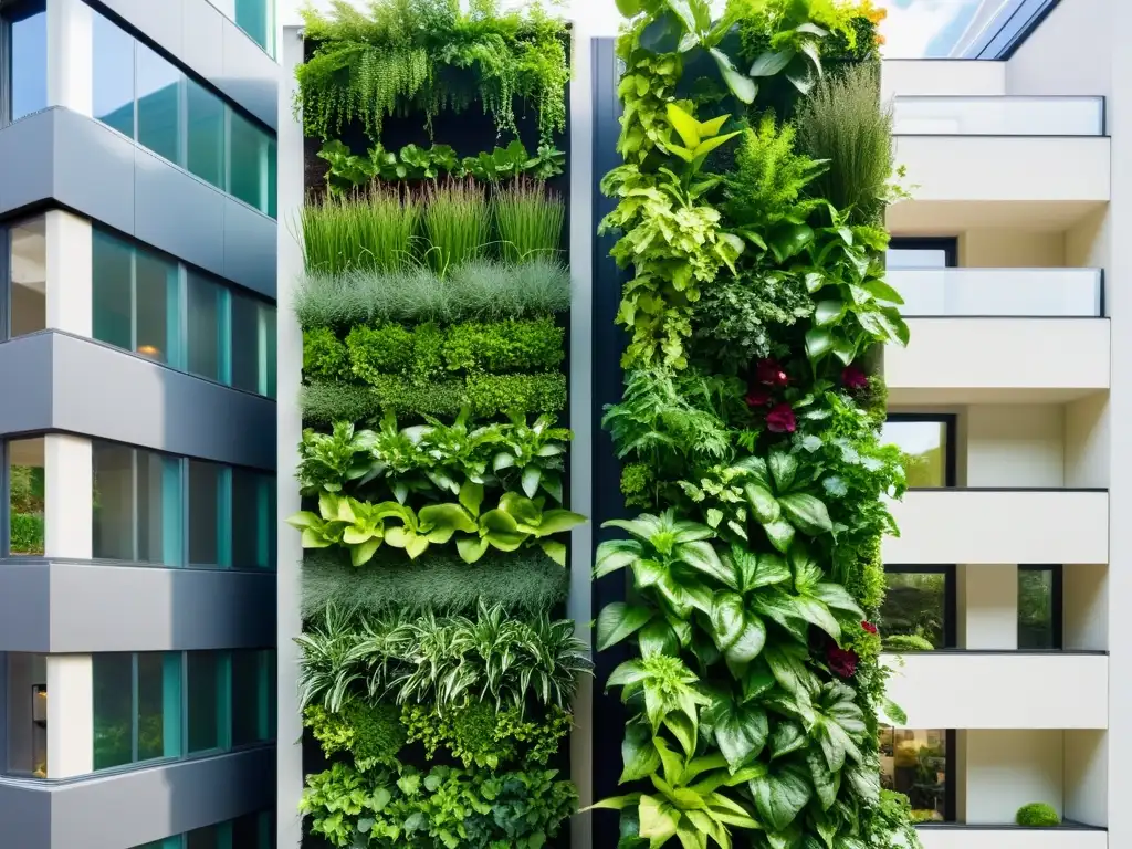 Vibrante huerto vertical en edificio urbano, fusionando naturaleza y vida moderna