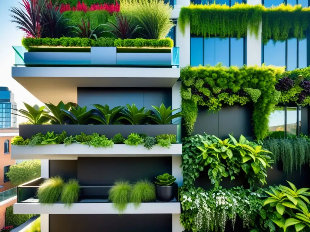 Vibrante huerto vertical en espacio urbano con exuberante vegetación y arquitectura moderna