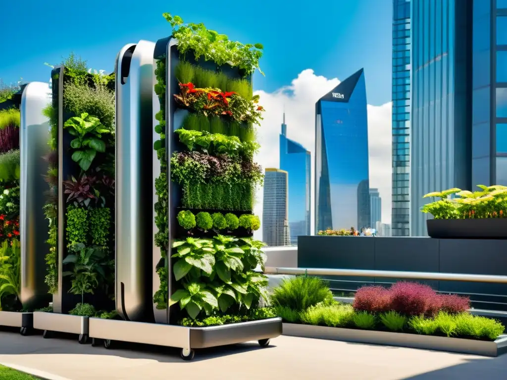 Un vibrante huerto vertical móvil en la bulliciosa ciudad, fusionando naturaleza y urbanidad con elegancia y sostenibilidad