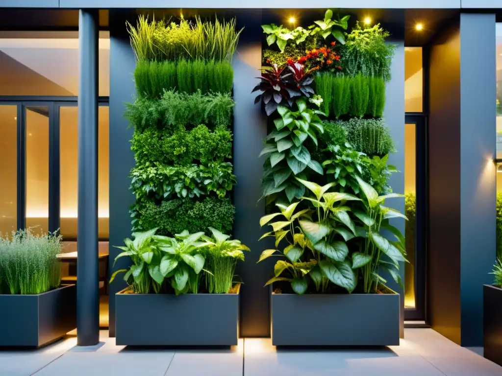 Vibrante huerto vertical para restaurantes con hierbas y vegetales en elegantes maceteros, contrastando con líneas limpias del edificio