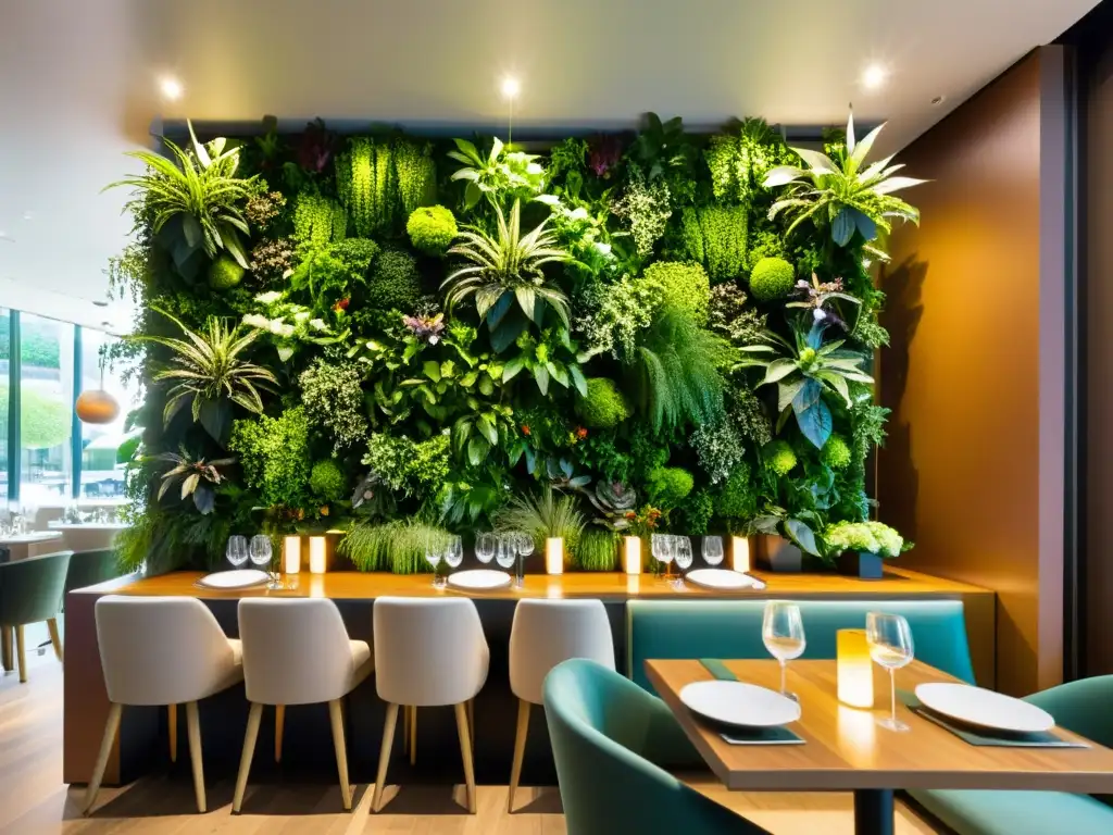 Vibrante huerto vertical para restaurantes, con exuberante vegetación iluminada en un elegante interior