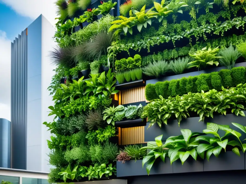 Vibrante huerto vertical tecnológico en entorno urbano, fusiona naturaleza y tecnologías emergentes