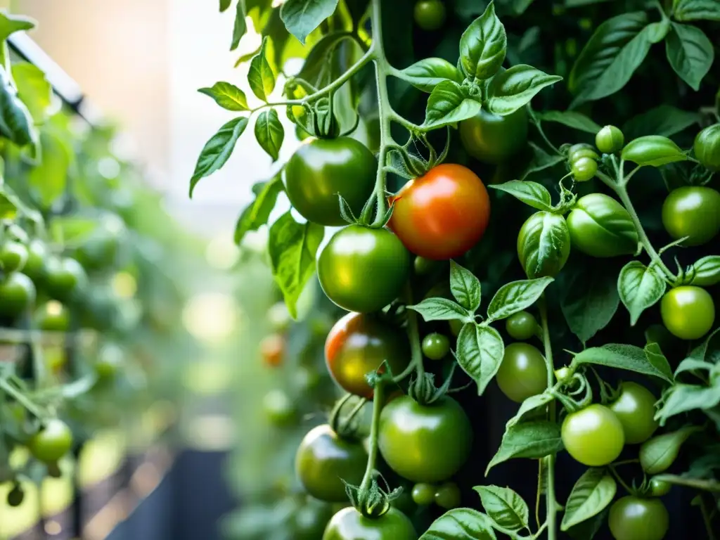 Vibrante huerto vertical con tomates maduros y sistema de riego, prevención enfermedades huertos verticales