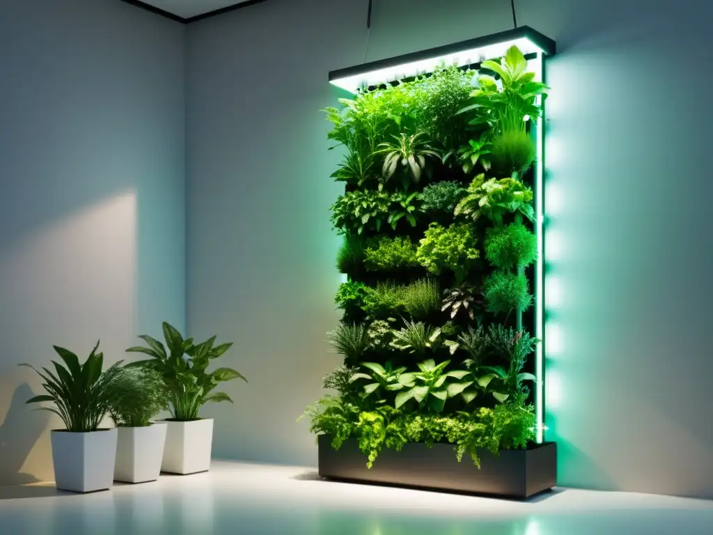 Vibrante huerto vertical urbano con automatización y luces LED, fusionando tecnología y naturaleza en un diseño minimalista