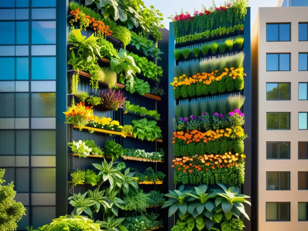 Un vibrante huerto vertical urbano con plantas exuberantes y flores coloridas