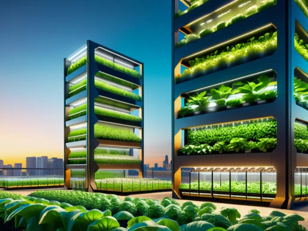 Vibrante huerto vertical urbano con automatización y exuberante vegetación, integrado en la ciudad futurista