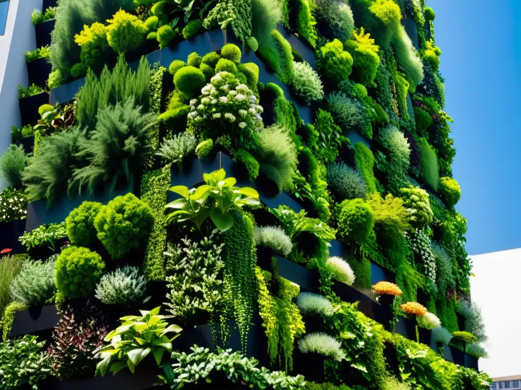 Vibrante huerto vertical urbano, donde la nanotecnología impulsa el florecimiento de plantas sanas