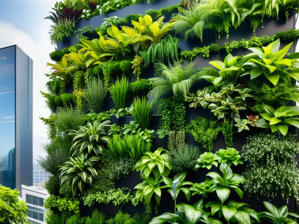 Vibrante huerto vertical urbano en ciudad, destacando diversidad de plantas