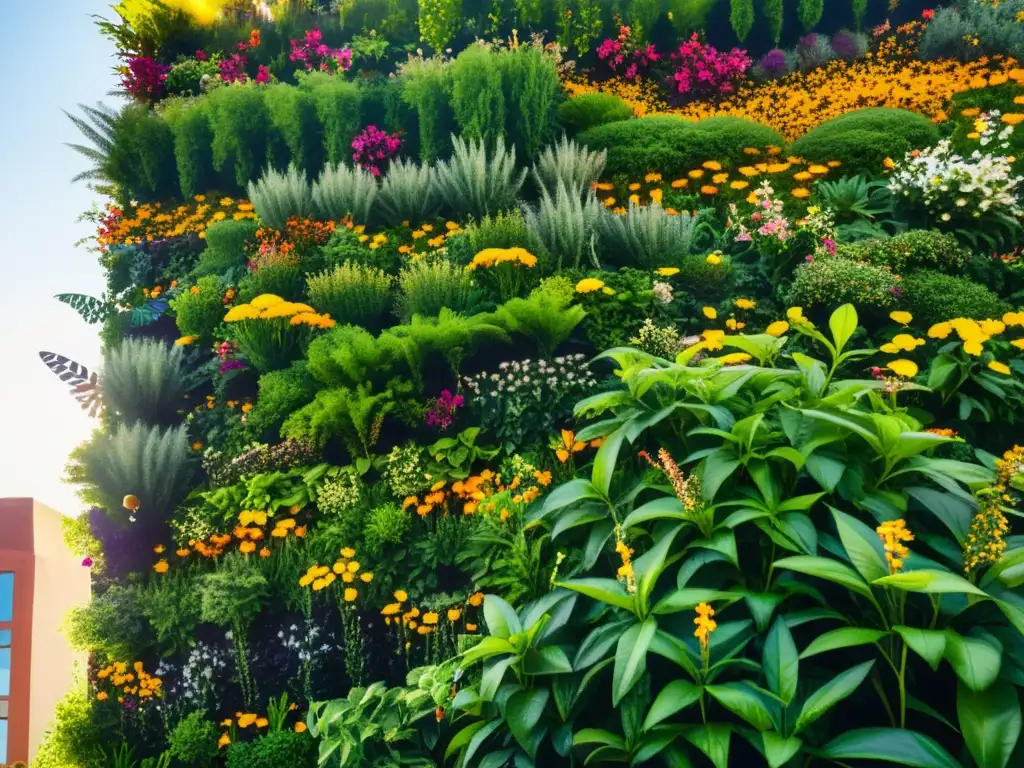 Un vibrante huerto vertical urbano rebosante de polinizadores en plena actividad entre las coloridas plantas