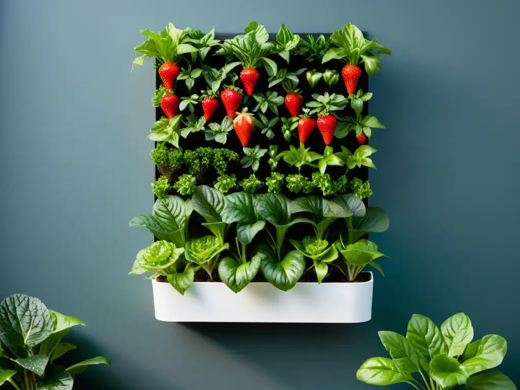 Vibrante huerto vertical con variedad de plantas prósperas, como lechuga, hierbas y fresas, en un diseño moderno