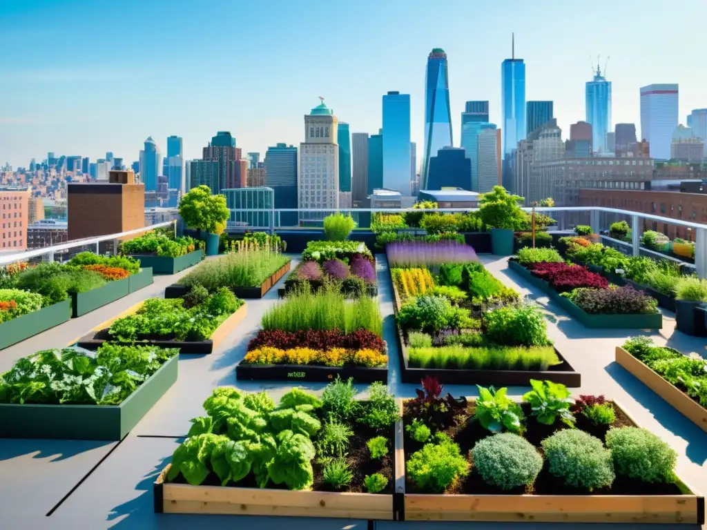 Una vibrante imagen de un bullicioso jardín urbano en la azotea, con personas diversas cuidando las plantas