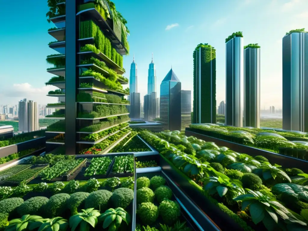 Vibrante imagen de una ciudad futurista con rascacielos integrados con granjas verticales, mostrando la agricultura vertical en ciudades urbanas