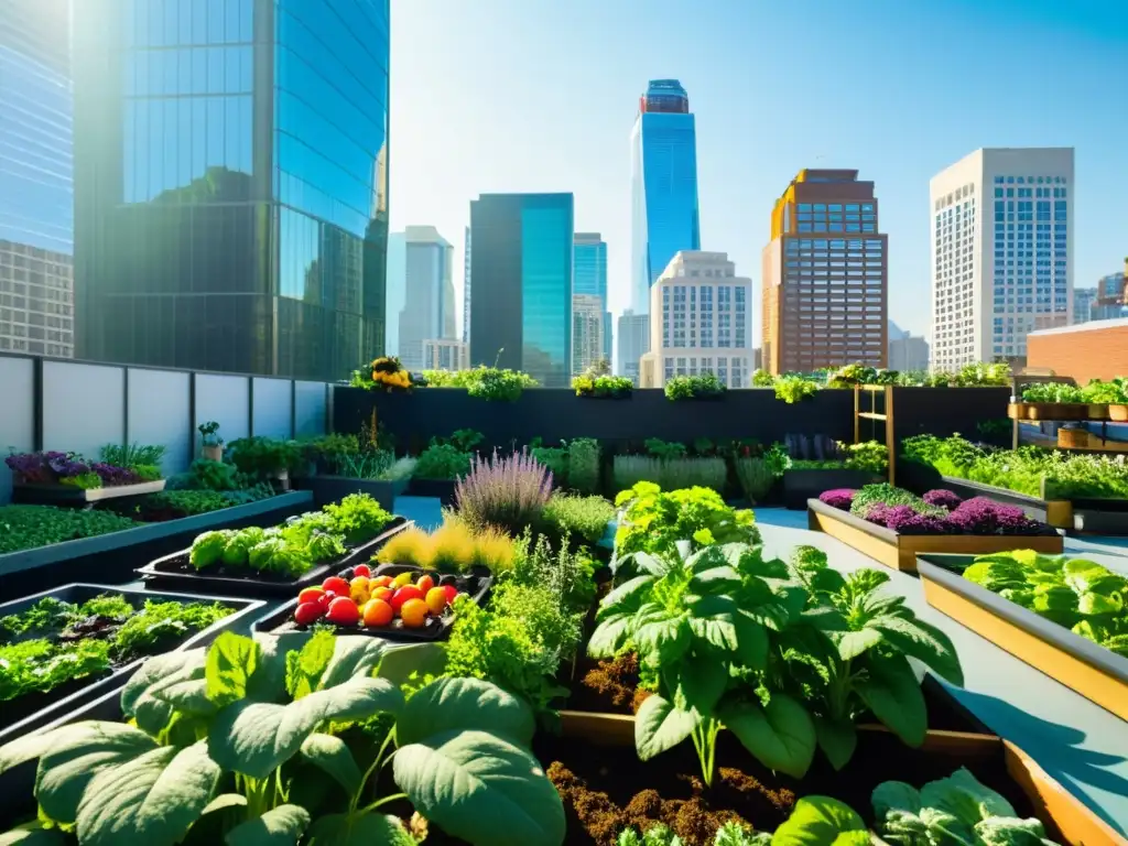 Una vibrante jardinera urbana llena de frutas, verduras y hierbas, rodeada de rascacielos modernos