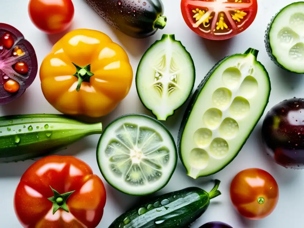 Vibrante maridaje de tomates y pepinos en huertos verticales, frescura y sofisticación en imagen de alta resolución