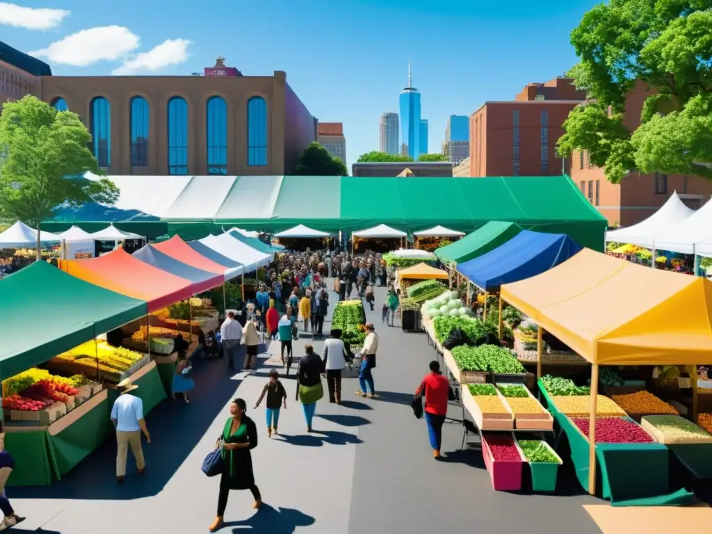 Vibrante mercado de agricultura urbana con diversidad de personas y puestos coloridos