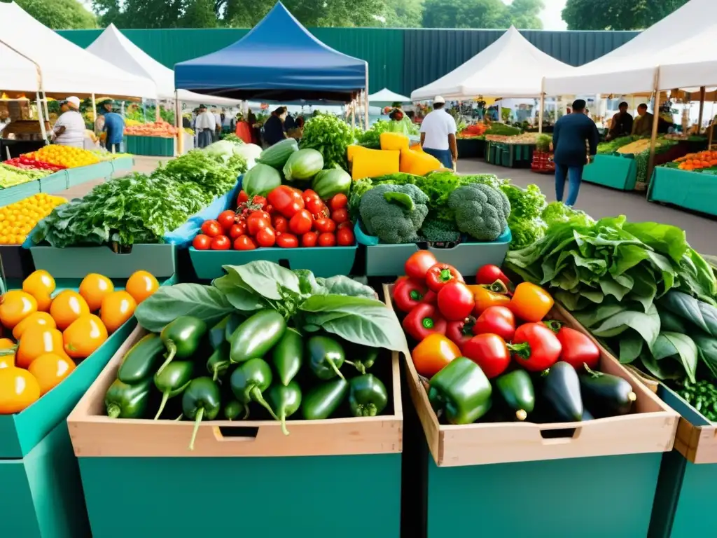 Vibrante mercado agrícola con colores vivos, productos frescos y ambiente comunitario