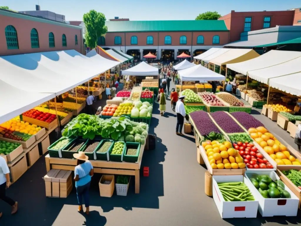 Vibrante mercado urbano con frutas, verduras y productos caseros en exhibición