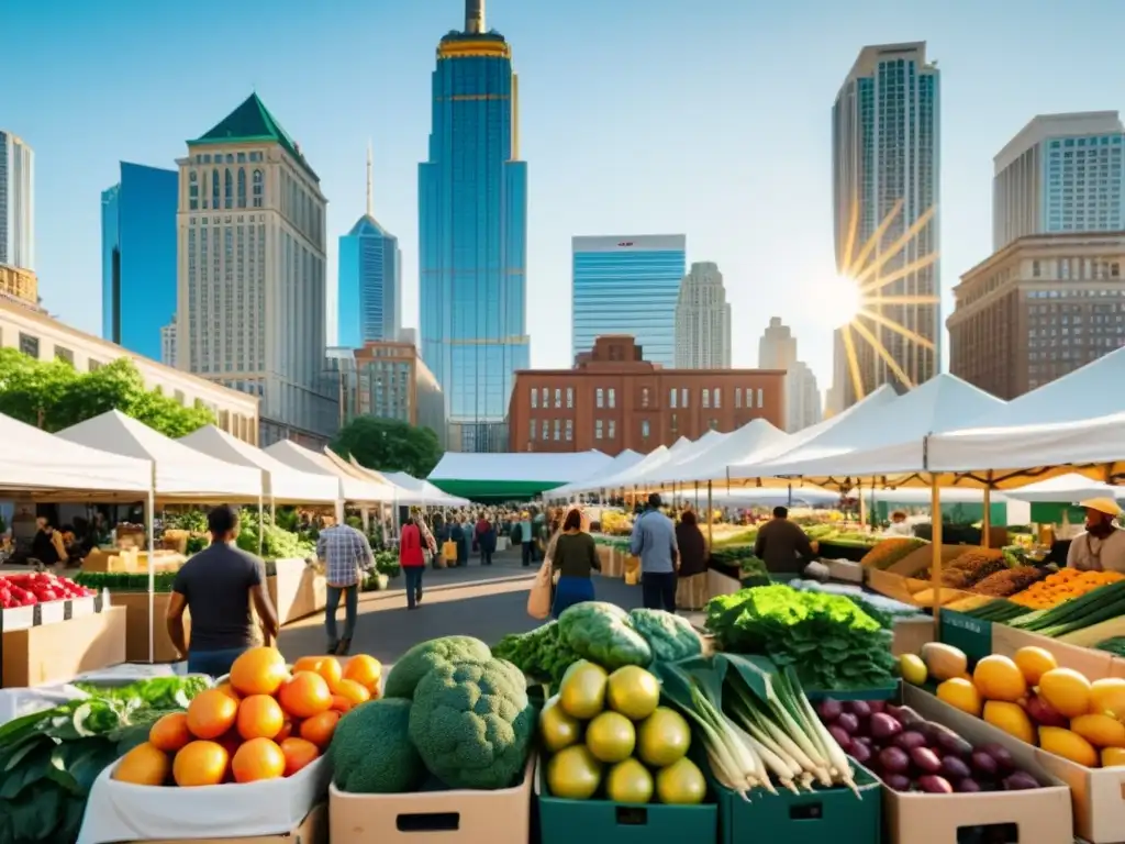 Un vibrante mercado urbano con productos frescos, comerciantes y clientes de todas las edades, mostrando los servicios de agricultura urbana