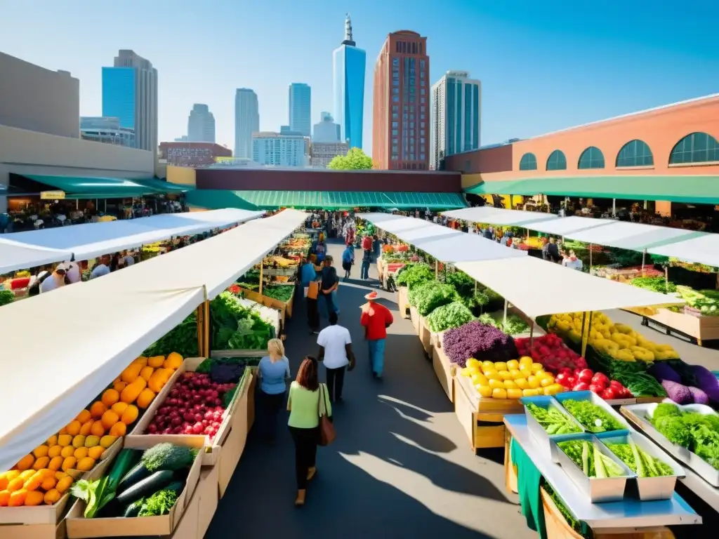 Vibrante mercado urbano con puestos de productos frescos