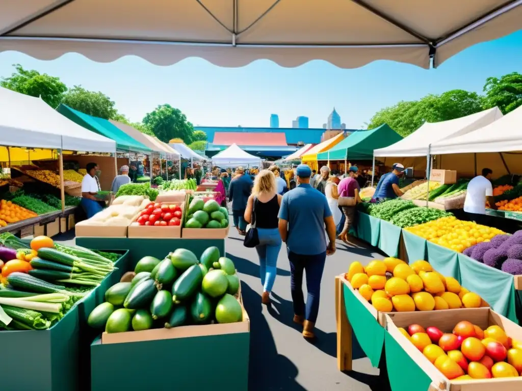 Vibrante mercado urbano sostenible con productos locales, factor psicológico en consumo sostenible