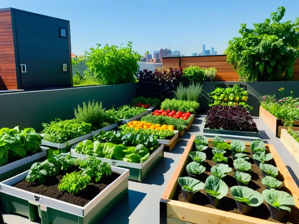 Una vibrante y moderna huerta urbana fortalece la comunidad con variedad de frutas, verduras y flores en un ambiente de colaboración y cuidado