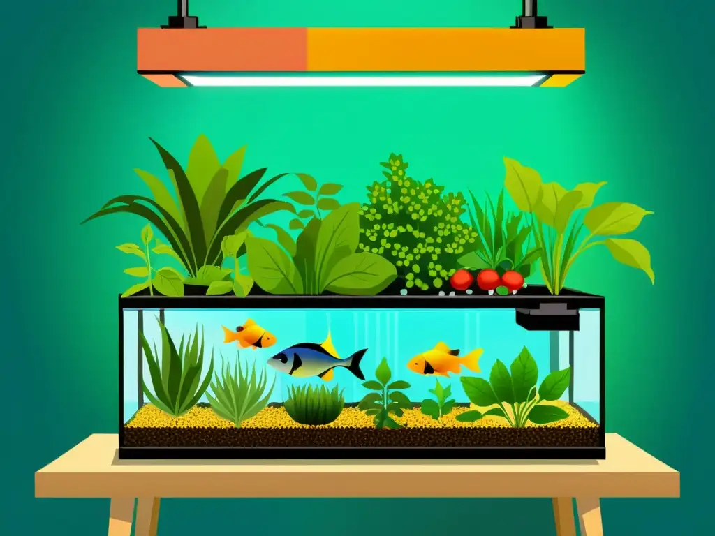 Una ilustración vibrante y moderna de un sistema de acuaponía a pequeña escala, mostrando la relación simbiótica entre peces y plantas