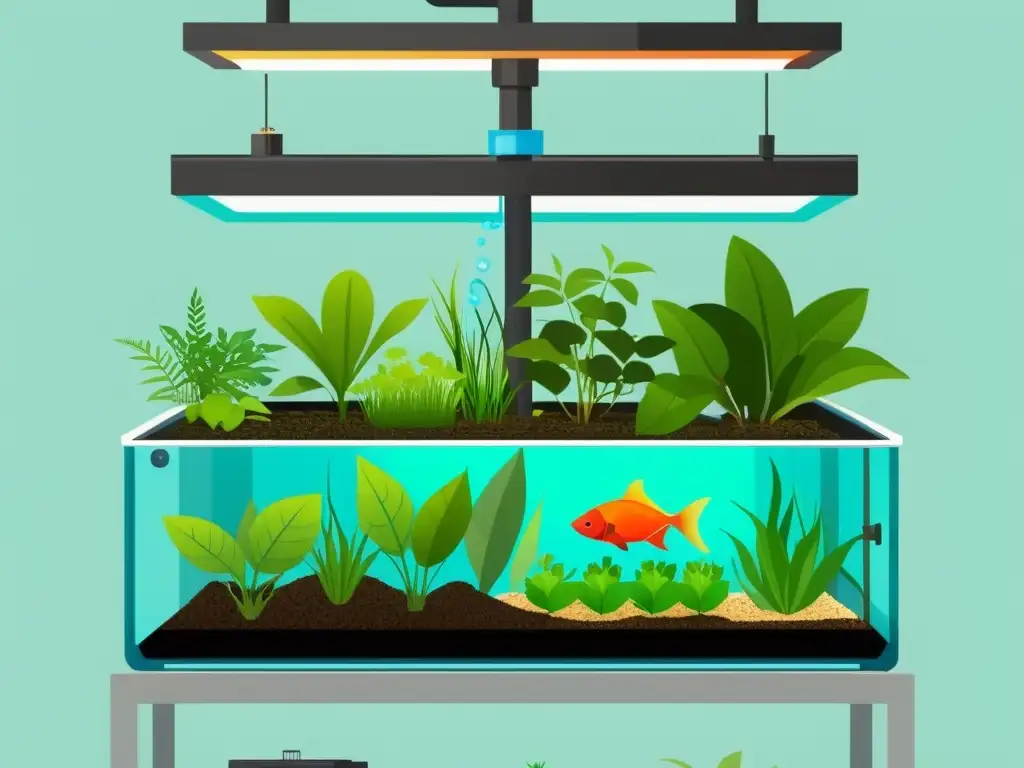 Una ilustración vibrante y moderna de un sistema de acuaponía para principiantes, con diseño compacto y etiquetado claro de los componentes