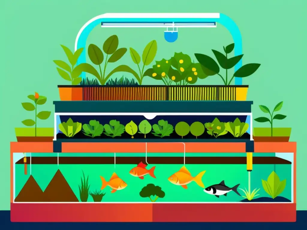 Una ilustración vibrante y moderna de un sistema de acuaponía urbana, mostrando tanques de peces, camas de cultivo y sistemas de filtración