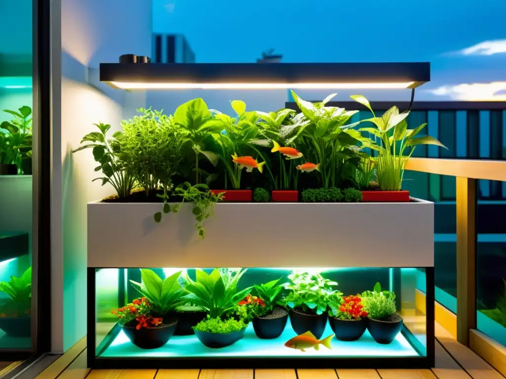 Jardín de balcón urbano con sistema acuapónico vibrante Un jardín de balcón vibrante y moderno con un sistema de acuaponía eficiente, acogiendo peces y vegetales coloridos
