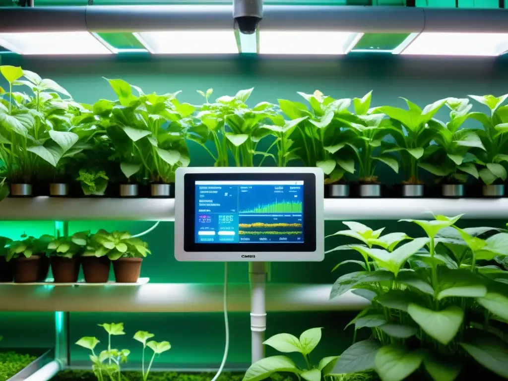 Vibrante monitoreo nutrientes acuaponía urbana en sistema hightech rodeado de exuberante vegetación