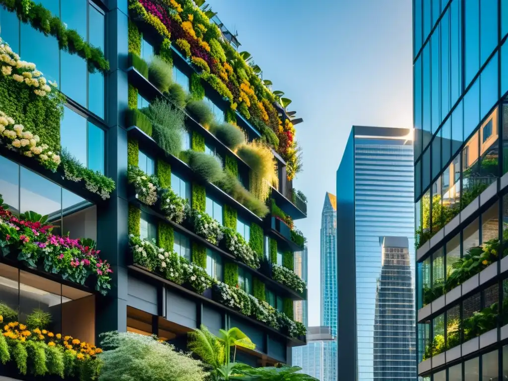Jardines verticales en paisaje urbano: armonía natural en 8k Vibrante paisaje urbano con huertos verticales