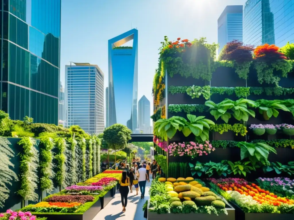 Vibrante paisaje urbano con huertos verticales, agricultura urbana integrada en la ciudad, gente cosechando y comunidad activa